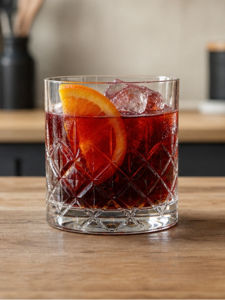 Cocktail Milani Torino servi dans un verre old fashioned avec des glaçons et de l'orange, à base de vermouth rouge et d'amer italien, posé sur un comptoir en bois dans une cuisine moderne.