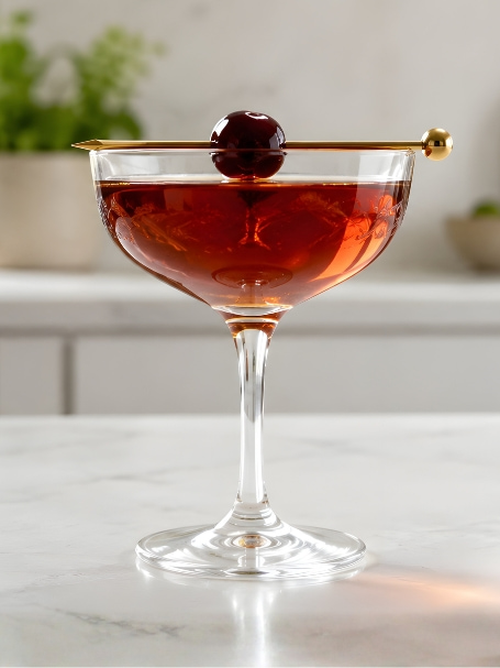 Coupe posé sur un comptoir de cuisine en marbre dans une cuisine lumineuse. Le verre est rempli du cocktail Remember The Mail à base de whisk canadien, de liqueur de cerise, d'absinthe et de vermouth rouge, servi avec une cerise transpercée posé sur le verre.