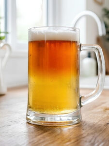 Chope posé sur un comptoir en bois dans une cuisine lumineuse, le verre est rempli du cocktail snakebite à base de cidre et de bière