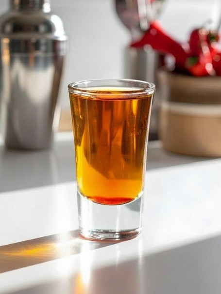 Cocktail Fire Bomb, dans un verre à shot, à base de Vodka Poliakov, de Blended Scotch Whisky Label 5, de Tequila Silver Jose Cuervo et de sauce pimentée.
