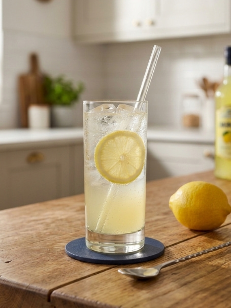 Verre highball de cocktail citron pâle avec glaçons, tranche et paille, posé sur plan de travail en bois, cuisine.