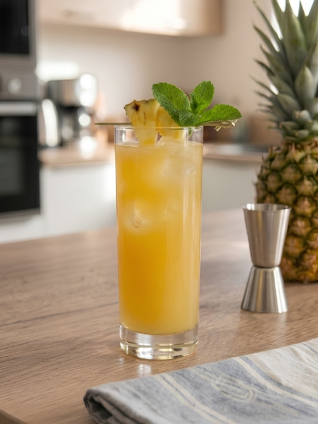 Verre long rempli d’un cocktail sans alcool à l’ananas avec glaçons, garni d’un morceau d’ananas et de feuilles de menthe, posé sur un plan de travail en bois dans une cuisine lumineuse. Un ananas entier et un doseur à cocktail sont visibles à l’arrière-plan.