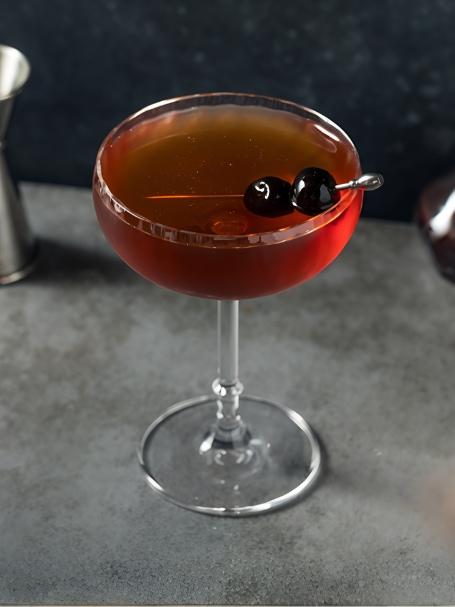 Verre à cocktail sur pied contenant une boisson rouge ambrée garnie de deux cerises noires sur un pic. Le verre est posé sur un comptoir gris, entouré d’un doseur métallique, d’une bouteille en arrière-plan et d’un verre mélangeur avec des glaçons et un liquide ambré. Éclairage tamisé avec fond sombre et flou.