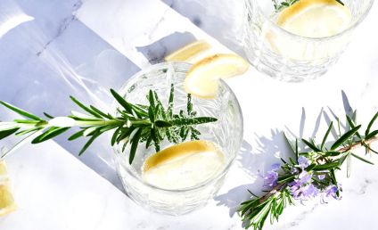 Cocktails au gin avec du romarin frais, citron jaune et des glaçons